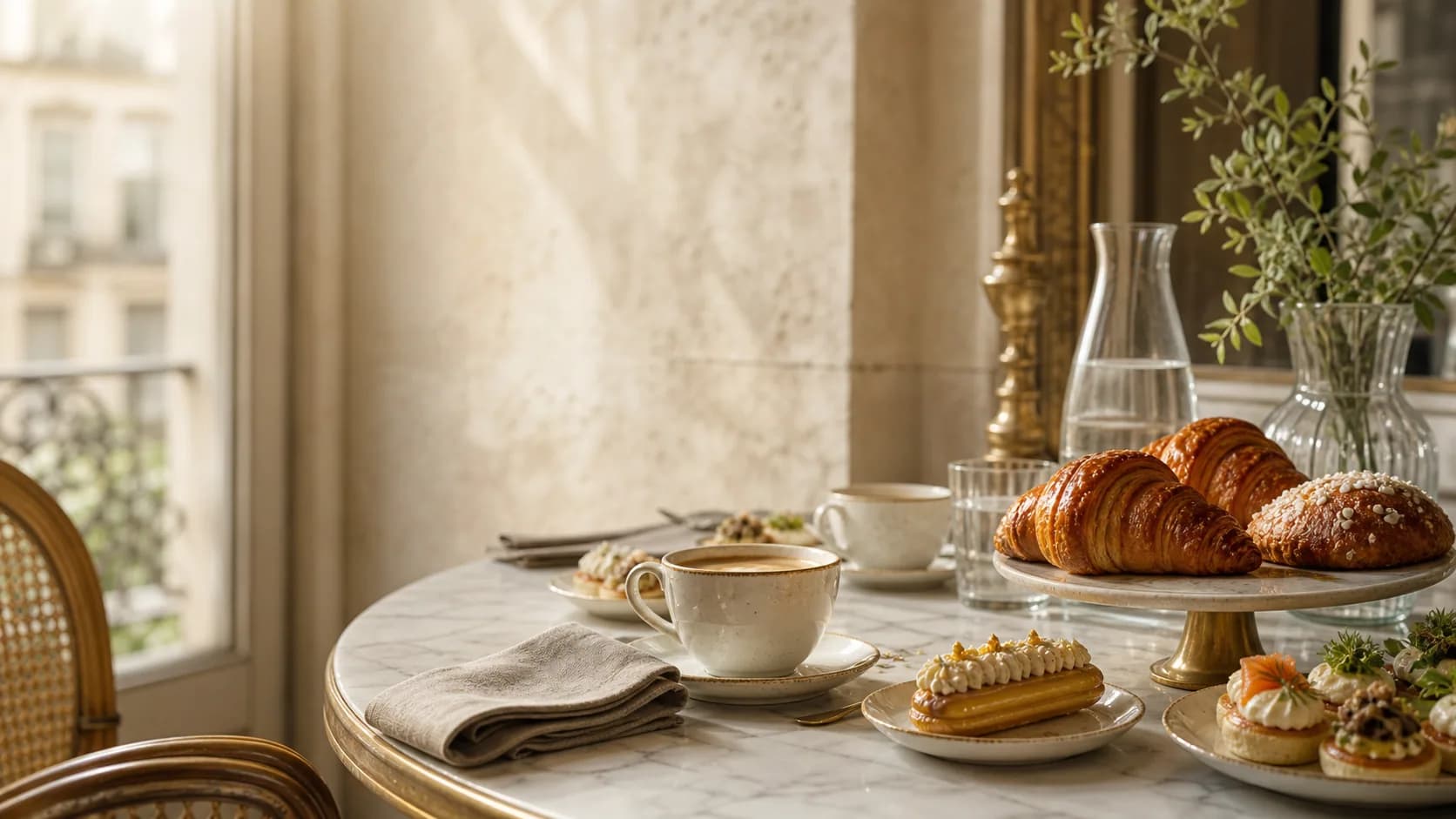 Celestelle catering selection with coffee, viennoiseries, pastries and savoury bites on a marble table.