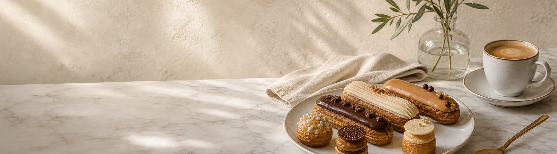 French éclairs and mini pastries served with coffee.