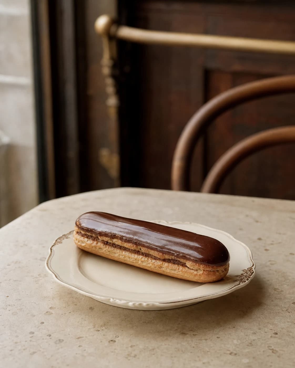 Chokladéclair upplagd på en äldre porslinstallrik.