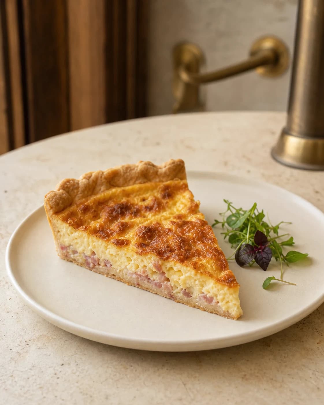 Bit Quiche Lorraine med örtsallad på ett bistrobord.