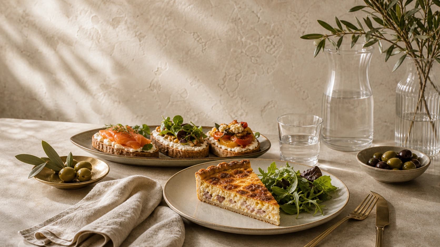 Bit Quiche Lorraine med örtsallad på ett bistrobord.