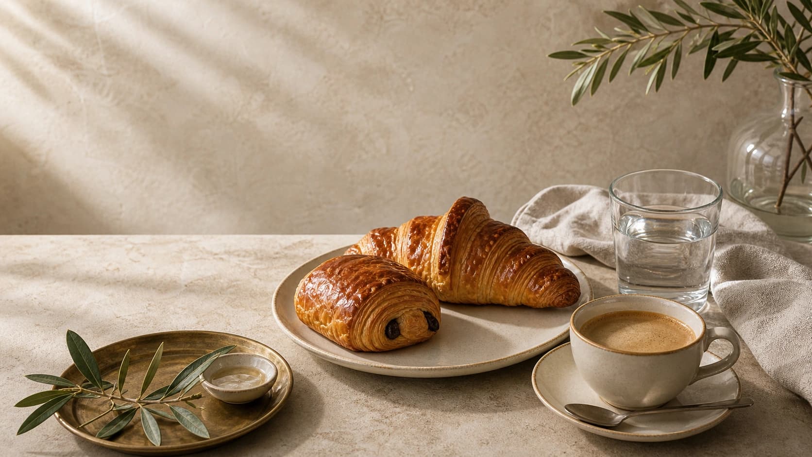 Smörcroissant på porslinstallrik i mjukt morgonljus.
