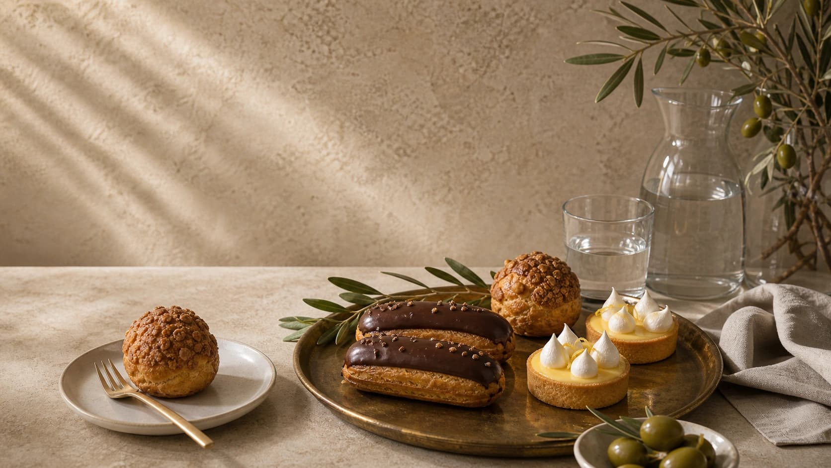 Chokladéclair upplagd på en äldre porslinstallrik.
