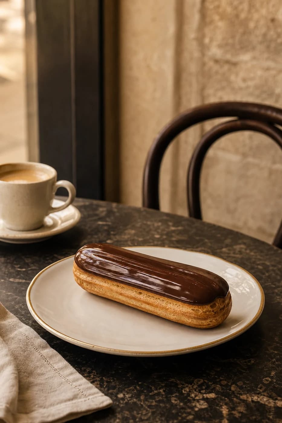 Illustration av en éclair och kaffe i fransk cafémiljö.