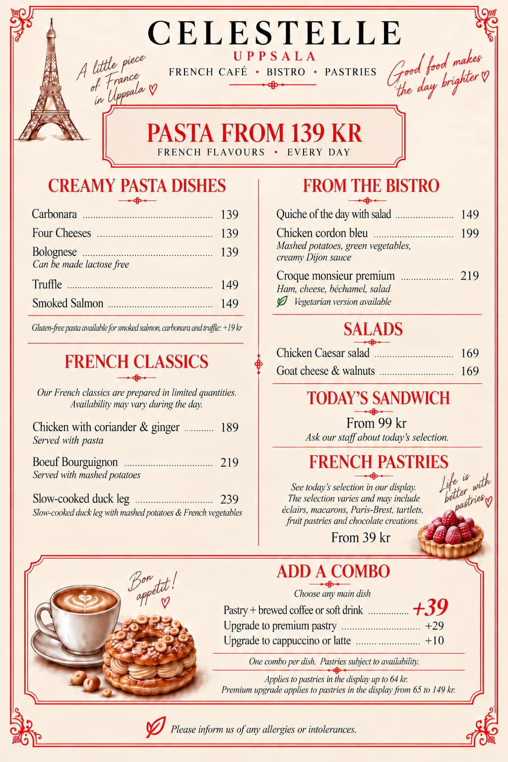 Celestelle's English menu with dishes, prices and combo conditions, also available as text on this page.