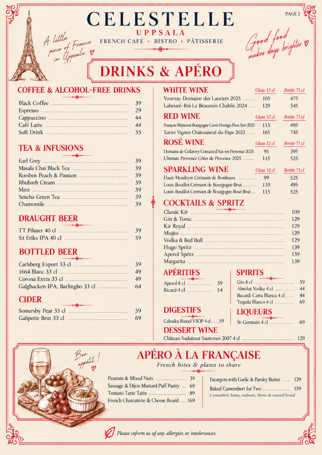 Celestelle's English drinks and apéro menu. Names, serving sizes and prices are also available as text on this page.