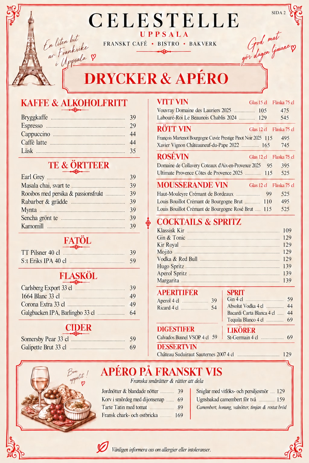 Celestelles svenska dryckes- och apéromeny. Namn, volymer och priser finns även i text på denna sida.