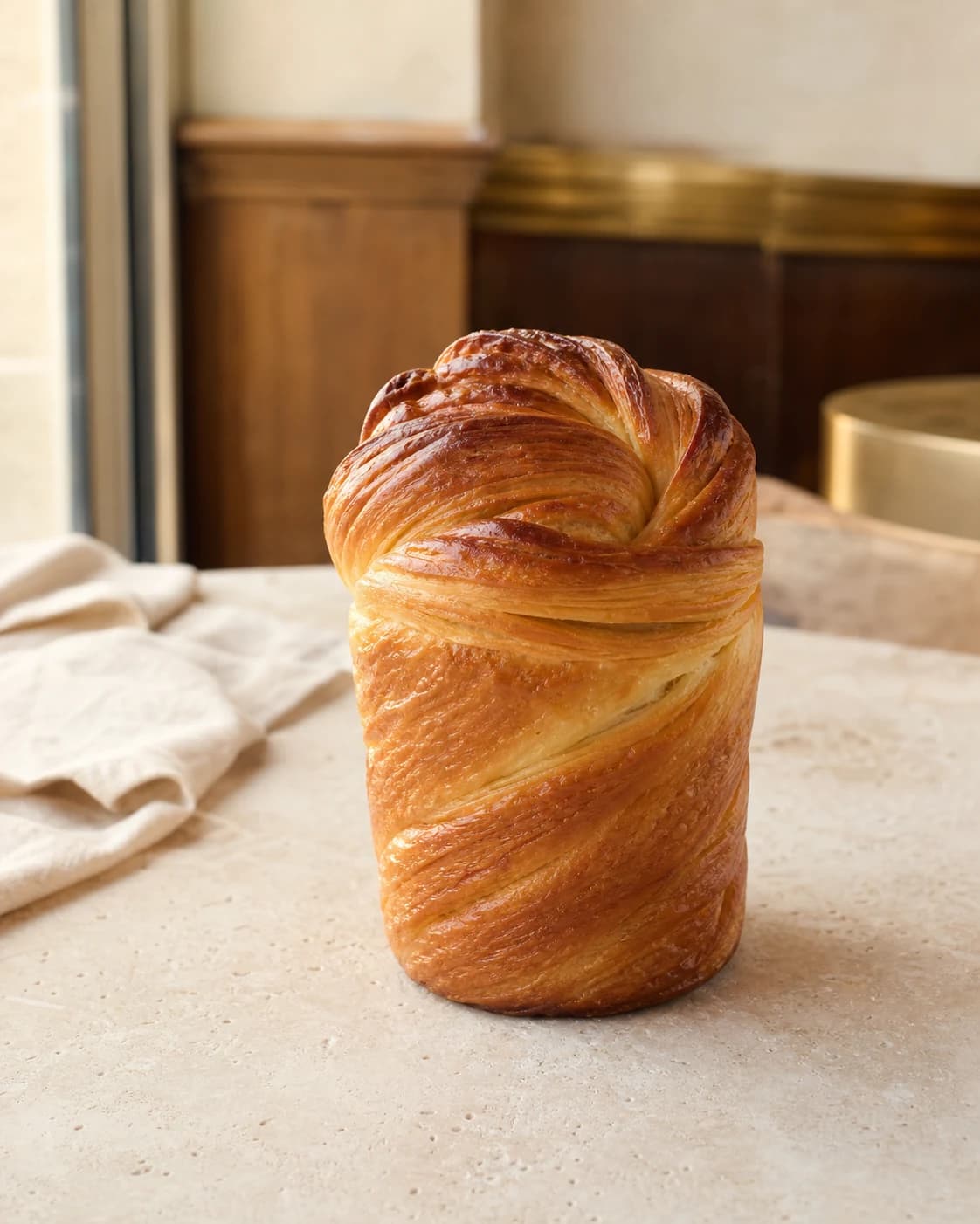 Gyllene laminerad brioche på en naturfärgad linneduk.