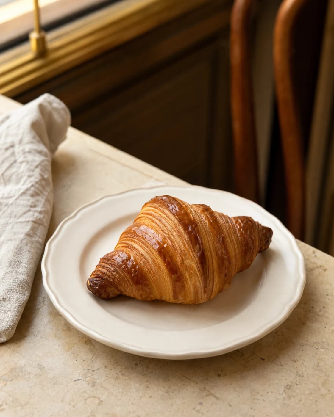 Smörcroissant på porslinstallrik i mjukt morgonljus.
