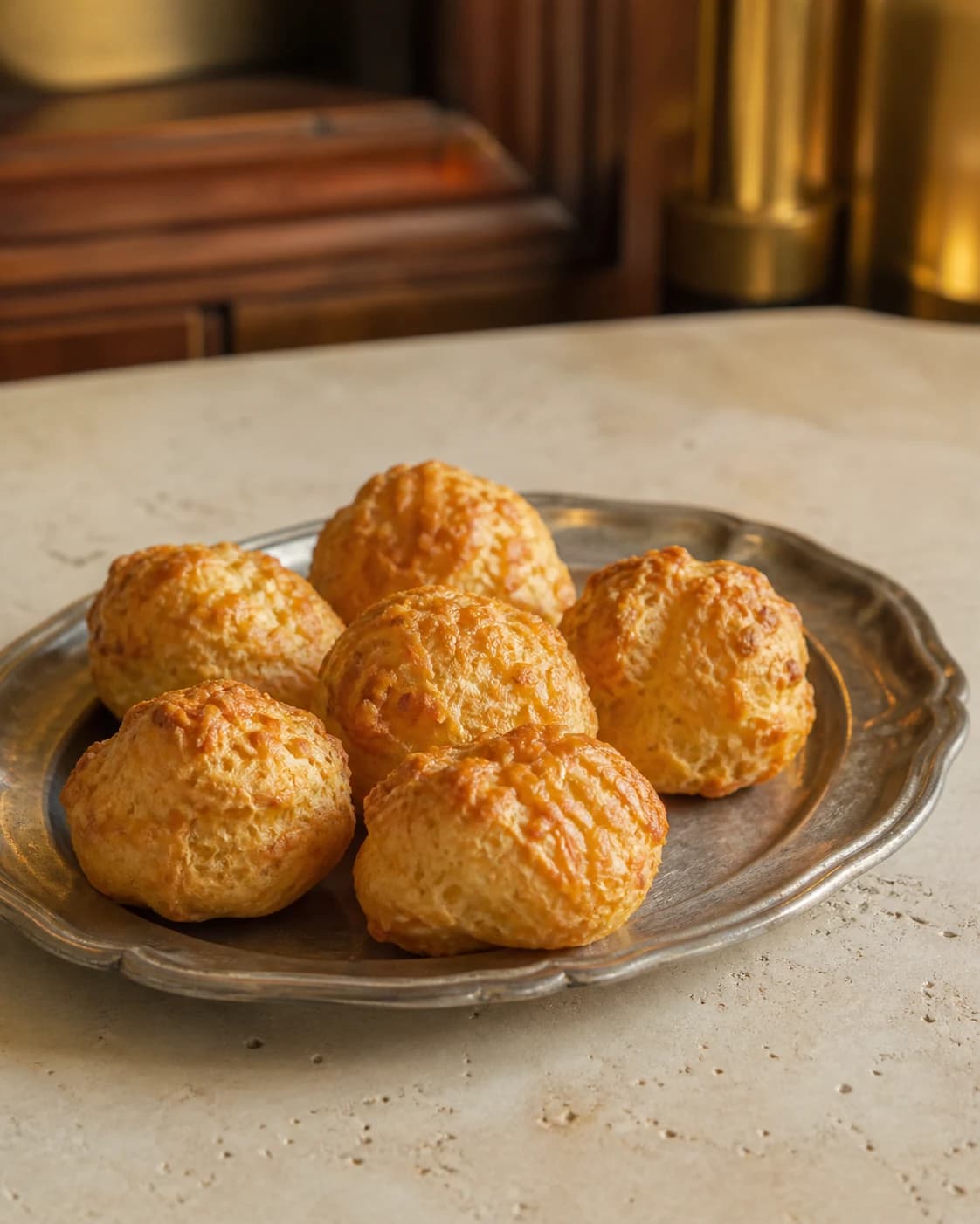 Varma gougères med Comté i ett litet silverfat.