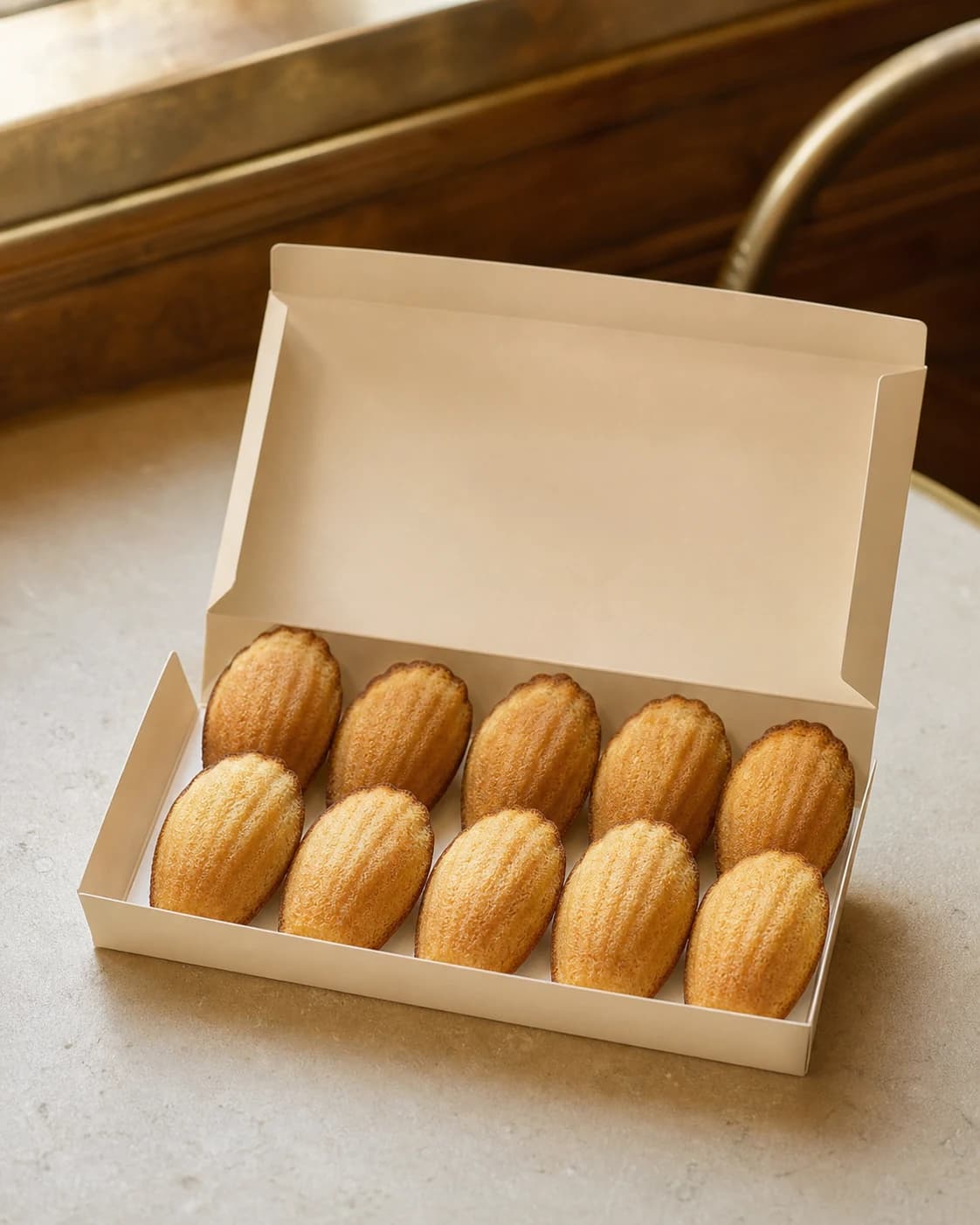 Gyllene madeleinekakor i en elegant ljus ask.